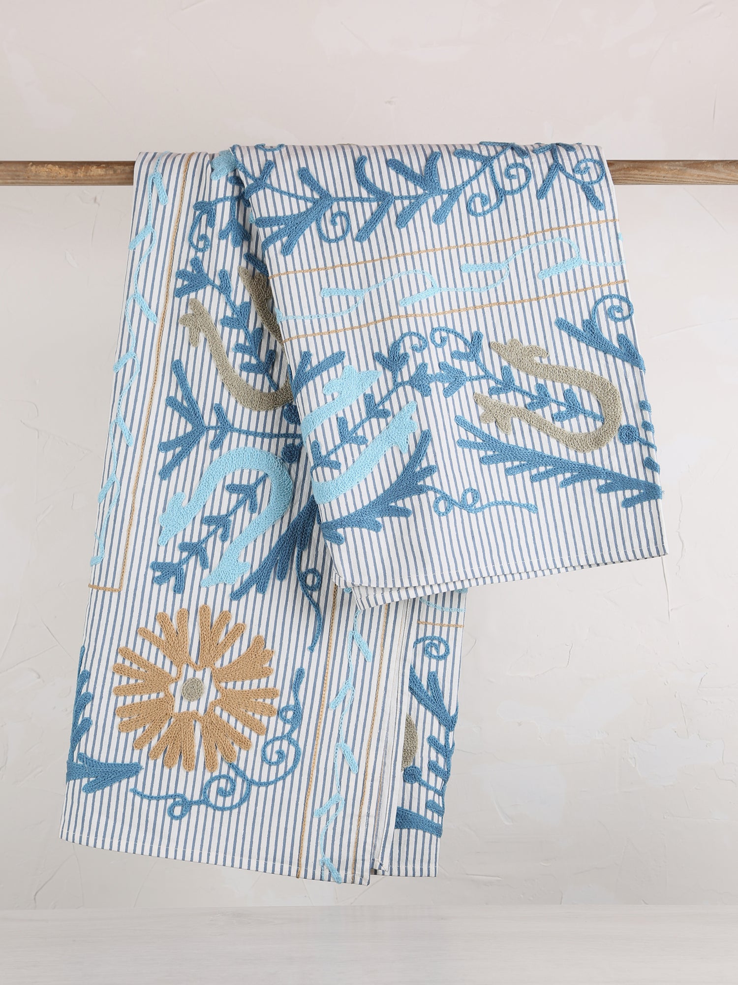 Suzani Embroidered Cotton Throw - Striped Blue