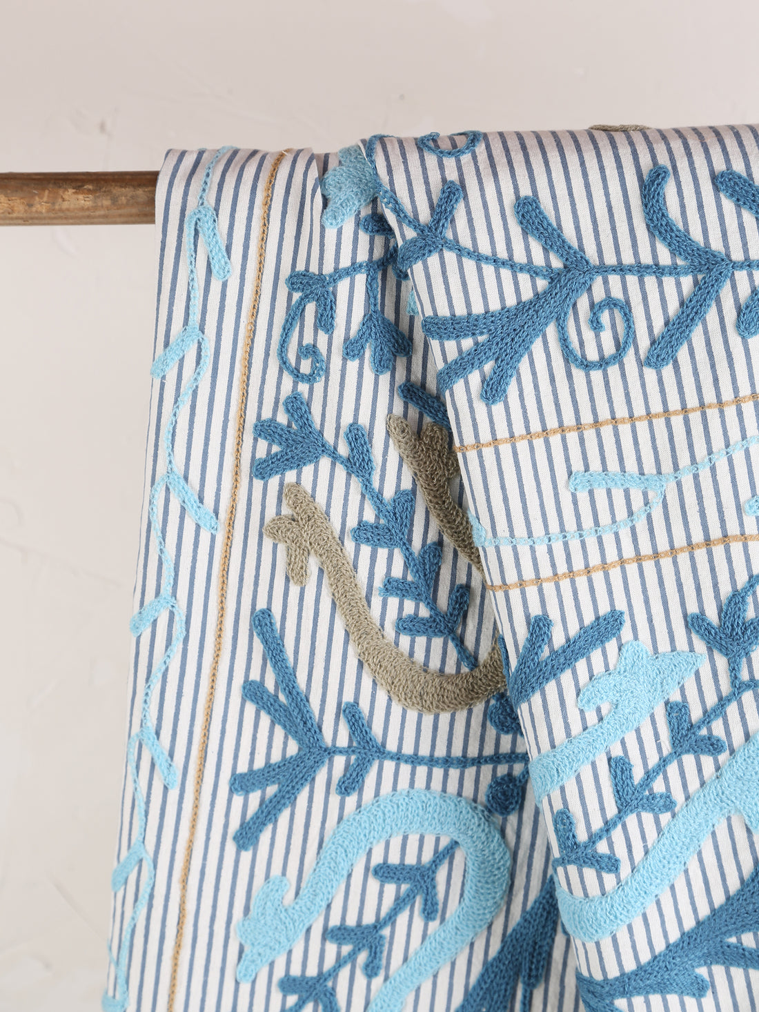 Suzani Embroidered Cotton Throw - Striped Blue
