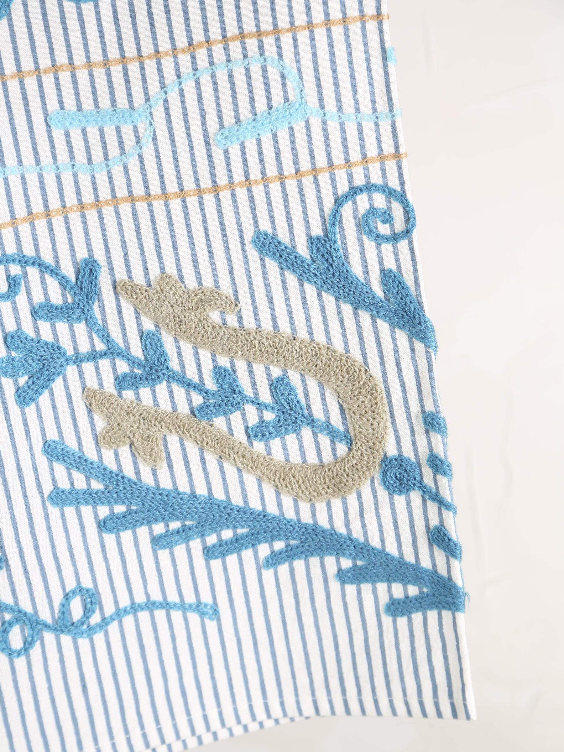 Suzani Embroidered Cotton Throw - Striped Blue