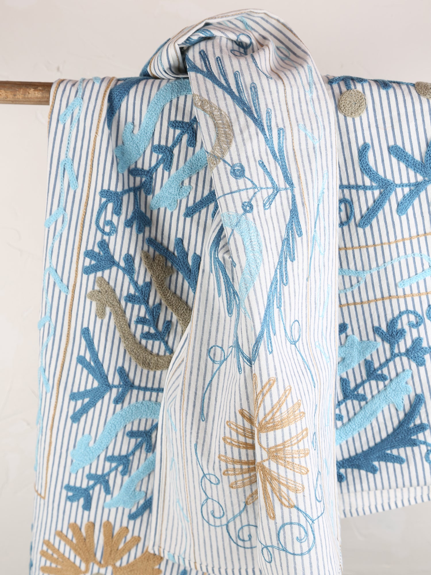 Suzani Embroidered Cotton Throw - Striped Blue