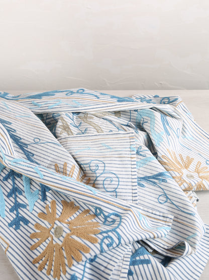 Suzani Embroidered Cotton Throw - Striped Blue