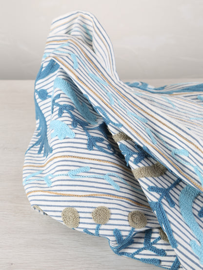 Suzani Embroidered Cotton Throw - Striped Blue