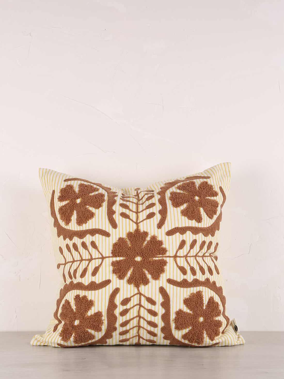 Suzani Embroidered Cushion - Striped Brown. Ochre