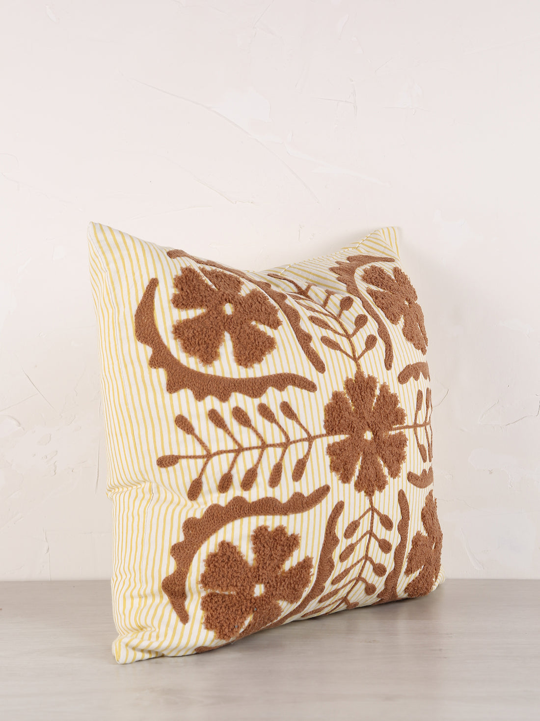 Suzani Embroidered Cushion - Striped Brown. Ochre