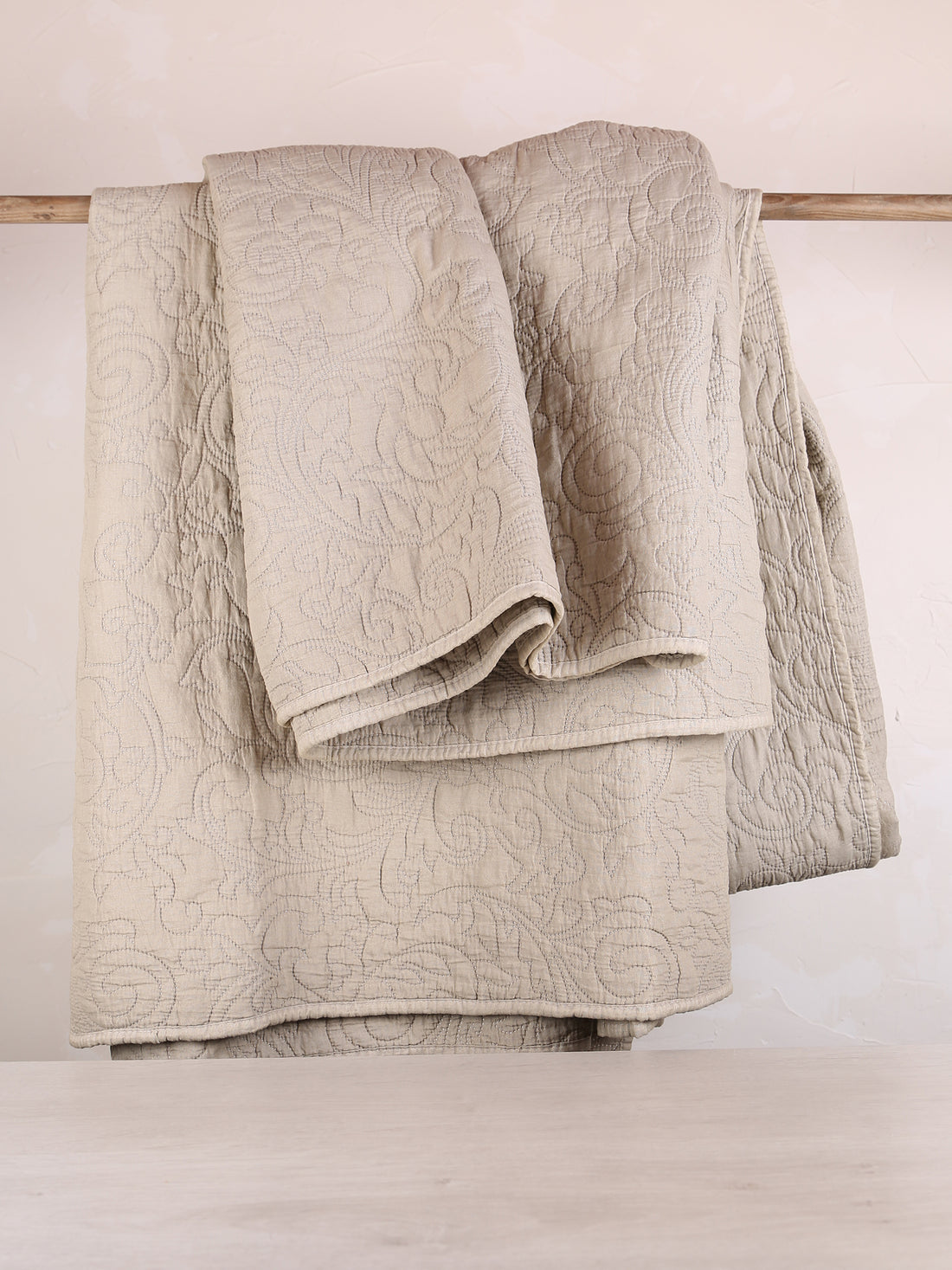 Isabelle Quilted Embroidered Bedspread - Eucalyptus Grey- 260X240Xcm