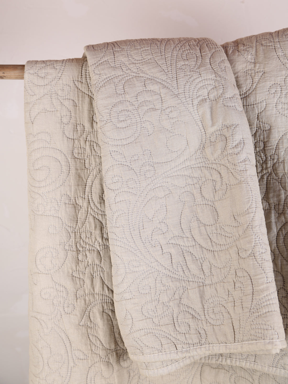 Isabelle Quilted Embroidered Bedspread - Eucalyptus Grey- 260X240Xcm