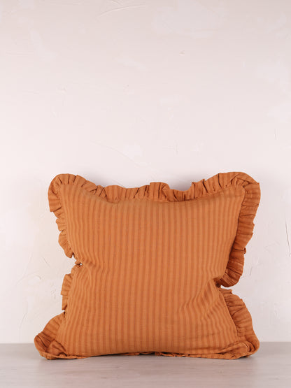 Rubie Ruffled Stripe Cotton Cushion - Rust, Ochre