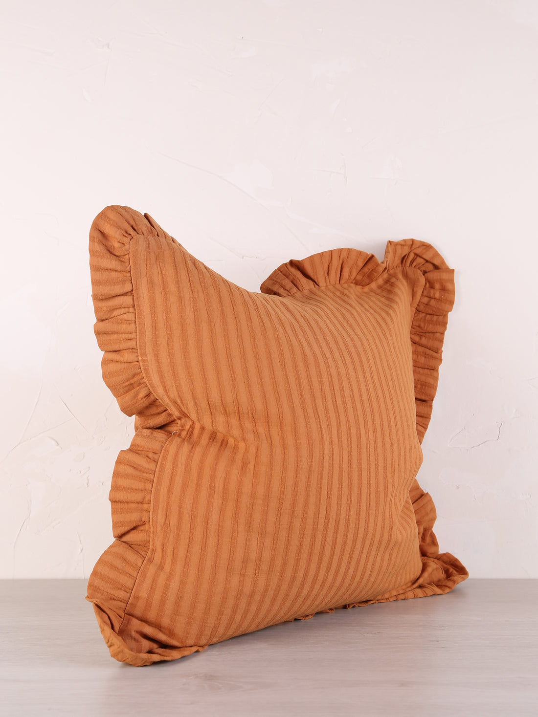 Rubie Ruffled Stripe Cotton Cushion - Rust, Ochre