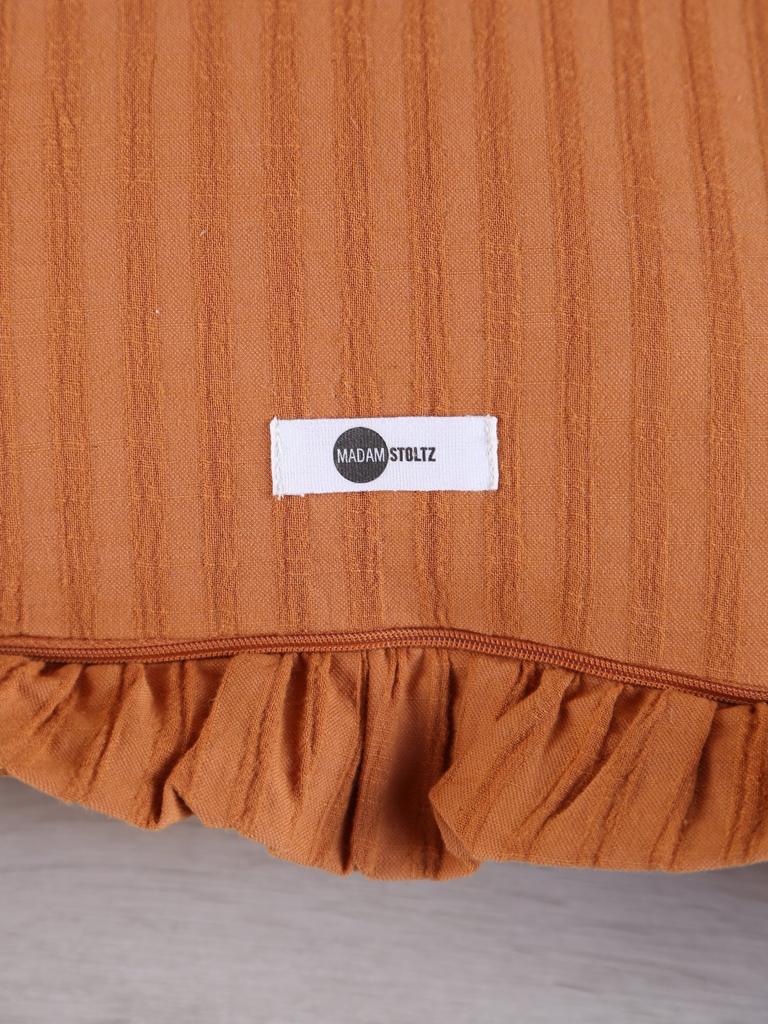 Rubie Ruffled Stripe Cotton Cushion - Rust, Ochre