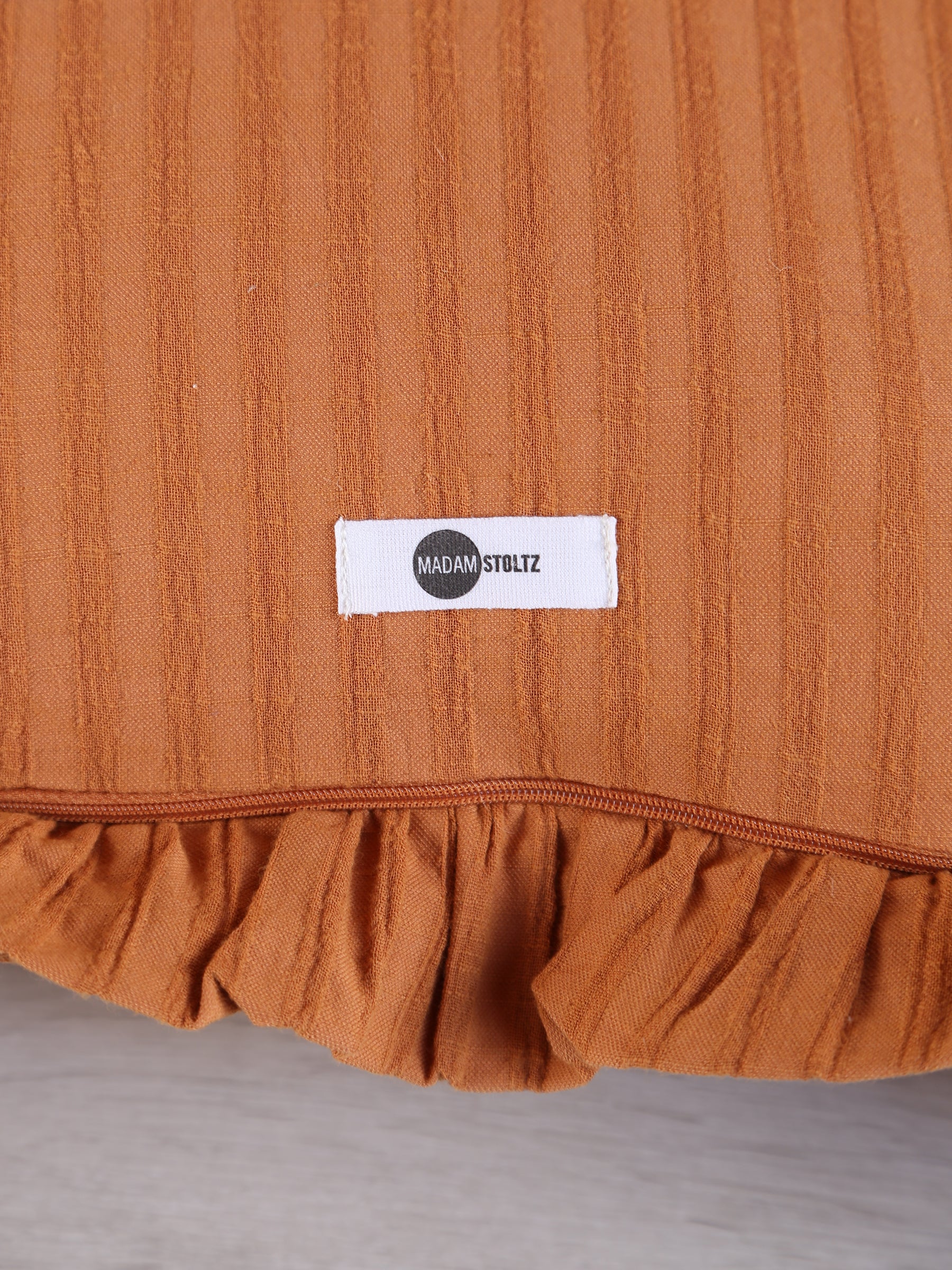 Rubie Ruffled Stripe Cotton Cushion - Rust, Ochre