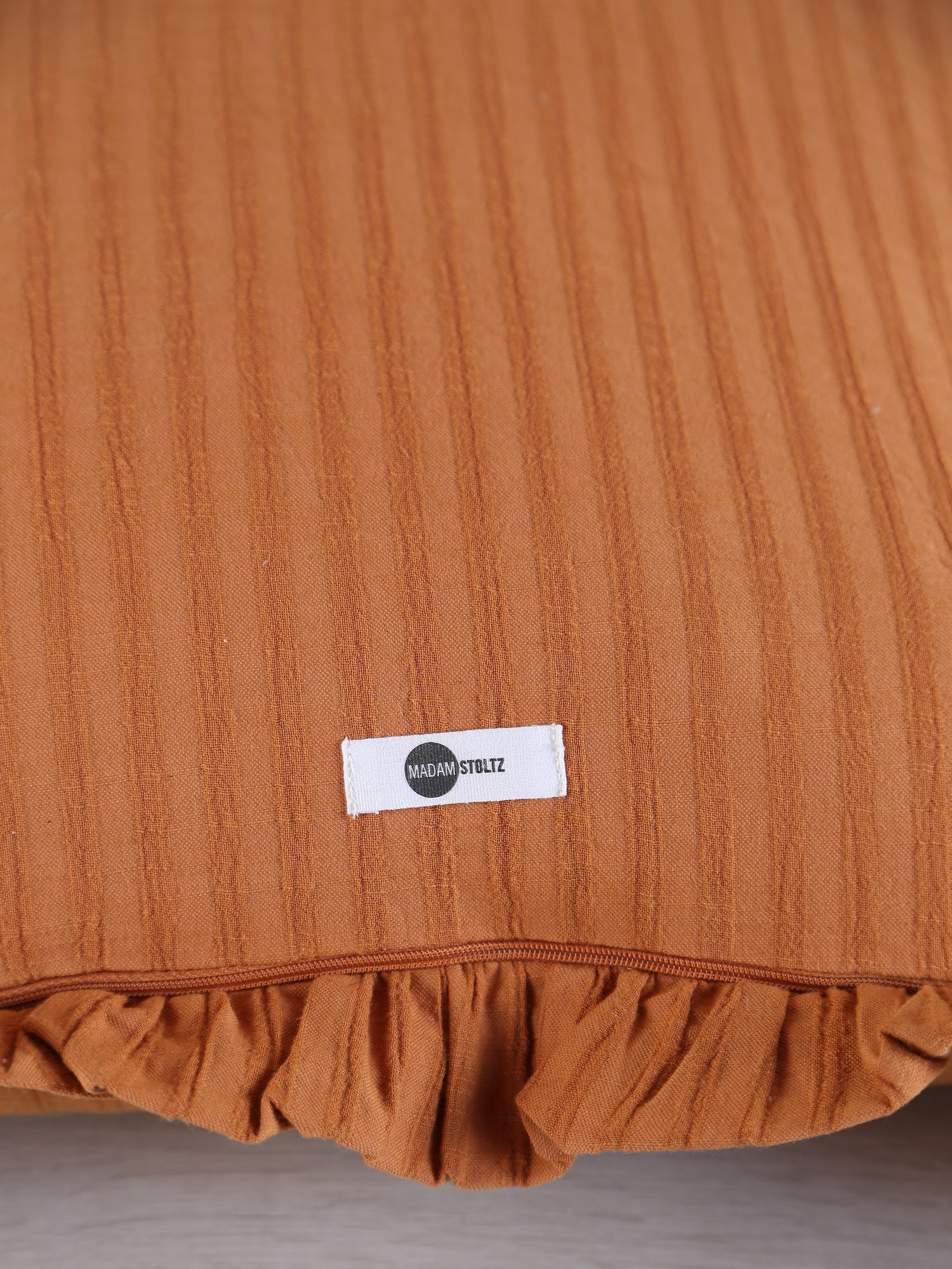 Rubie Ruffled Stripe Cotton Cushion - Rust, Ochre