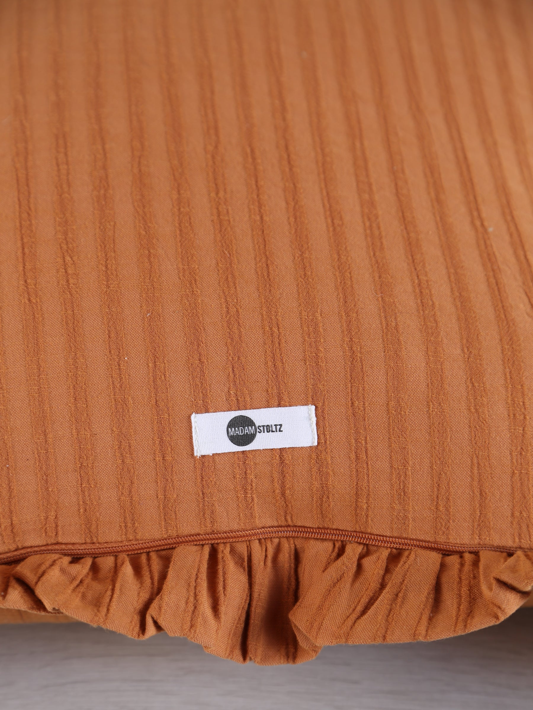 Rubie Ruffled Stripe Cotton Cushion - Rust, Ochre