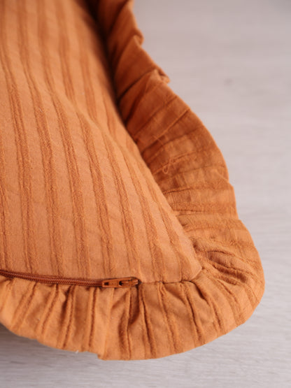 Rubie Ruffled Stripe Cotton Cushion - Rust, Ochre