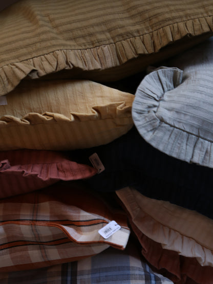 Rubie Ruffled Stripe Cotton Cushion - Rust, Ochre