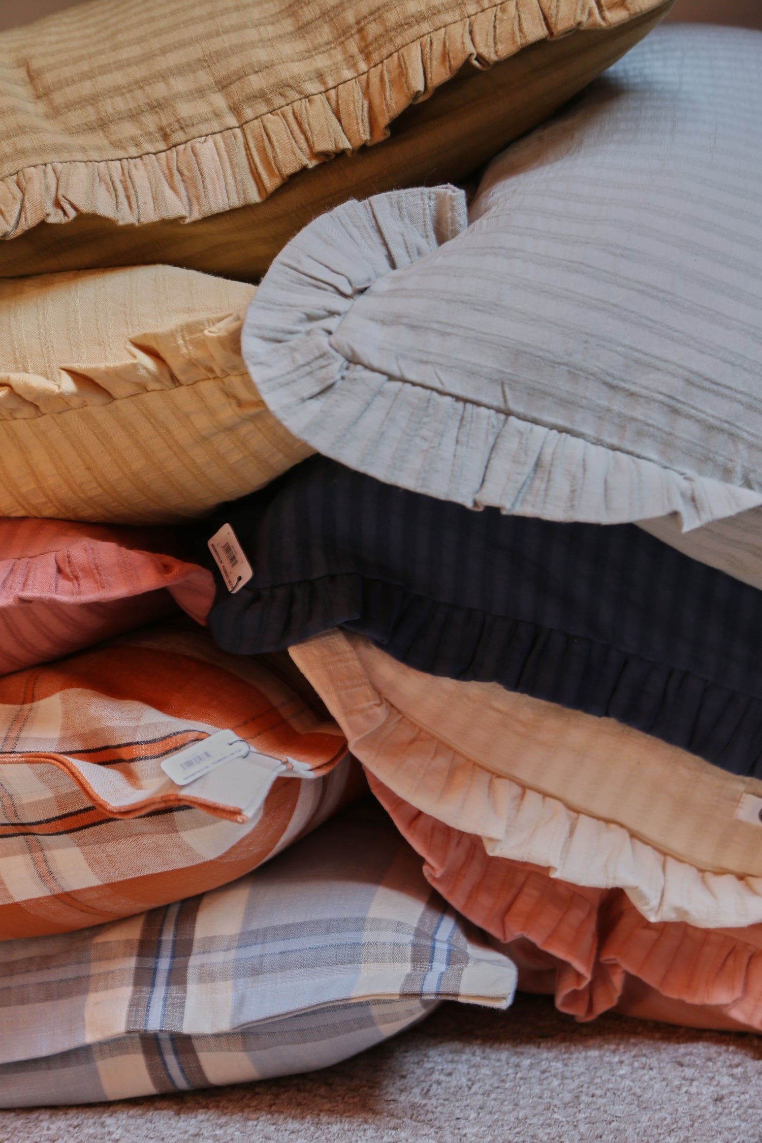 Rubie Ruffled Stripe Cotton Cushion - Peach Pink