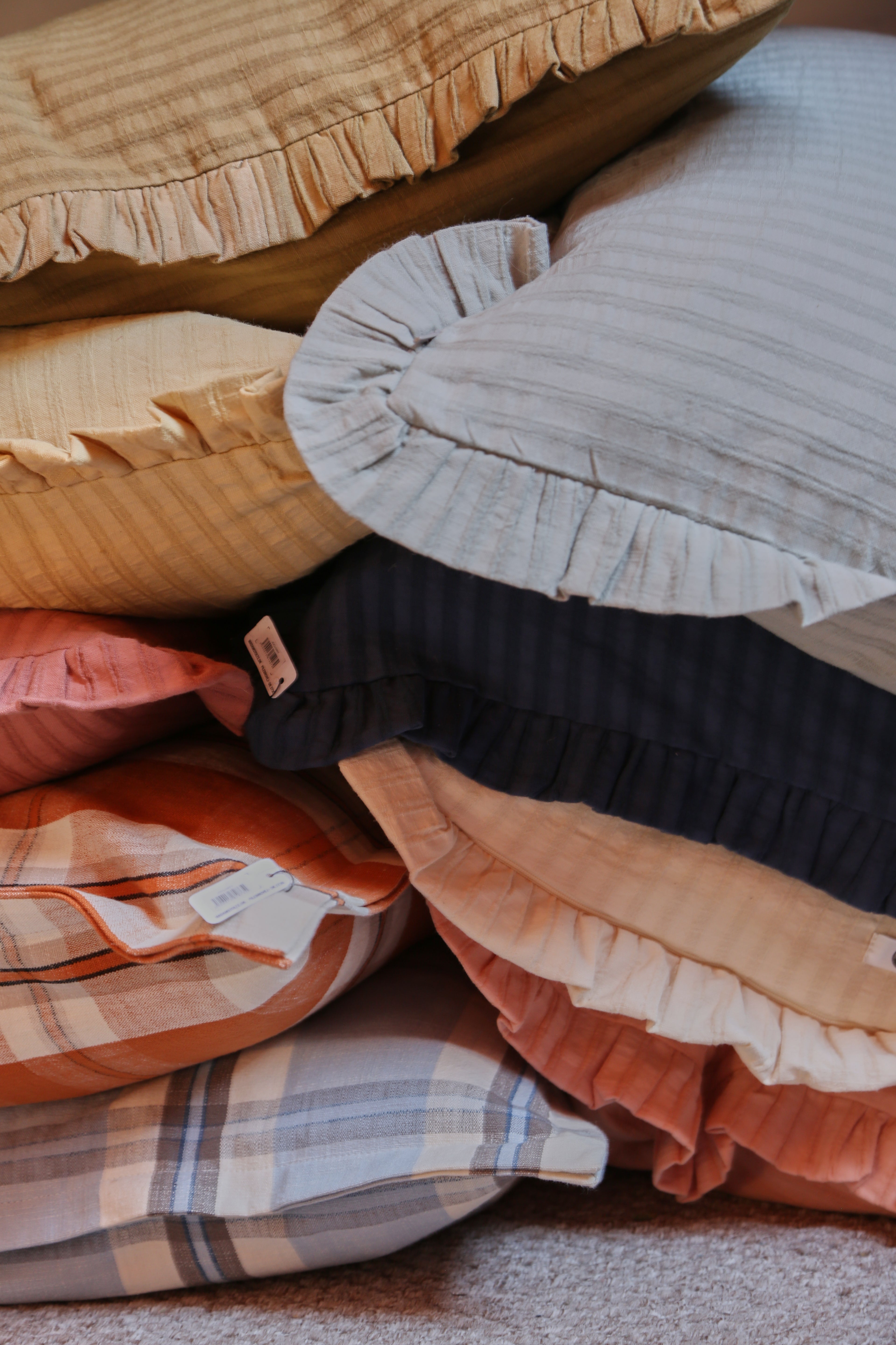 Rubie Ruffled Stripe Cotton Cushion - Peach Pink