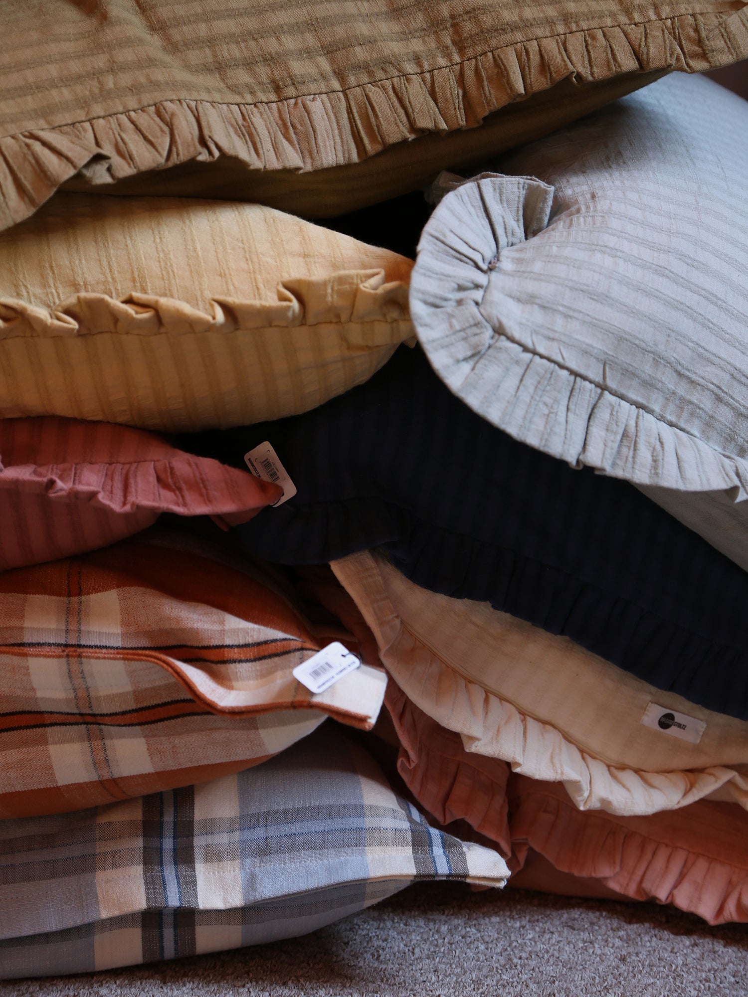 Rubie Ruffled Stripe Cotton Cushion - Tapenade