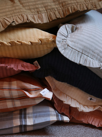 Rubie Ruffled Stripe Cotton Cushion - Tapenade