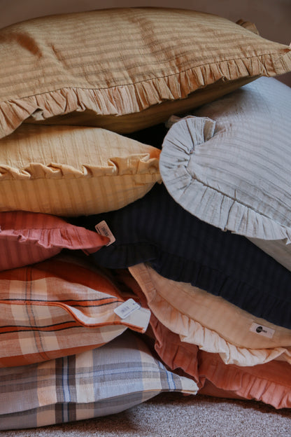 Rubie Ruffled Stripe Cotton Cushion - Tapenade