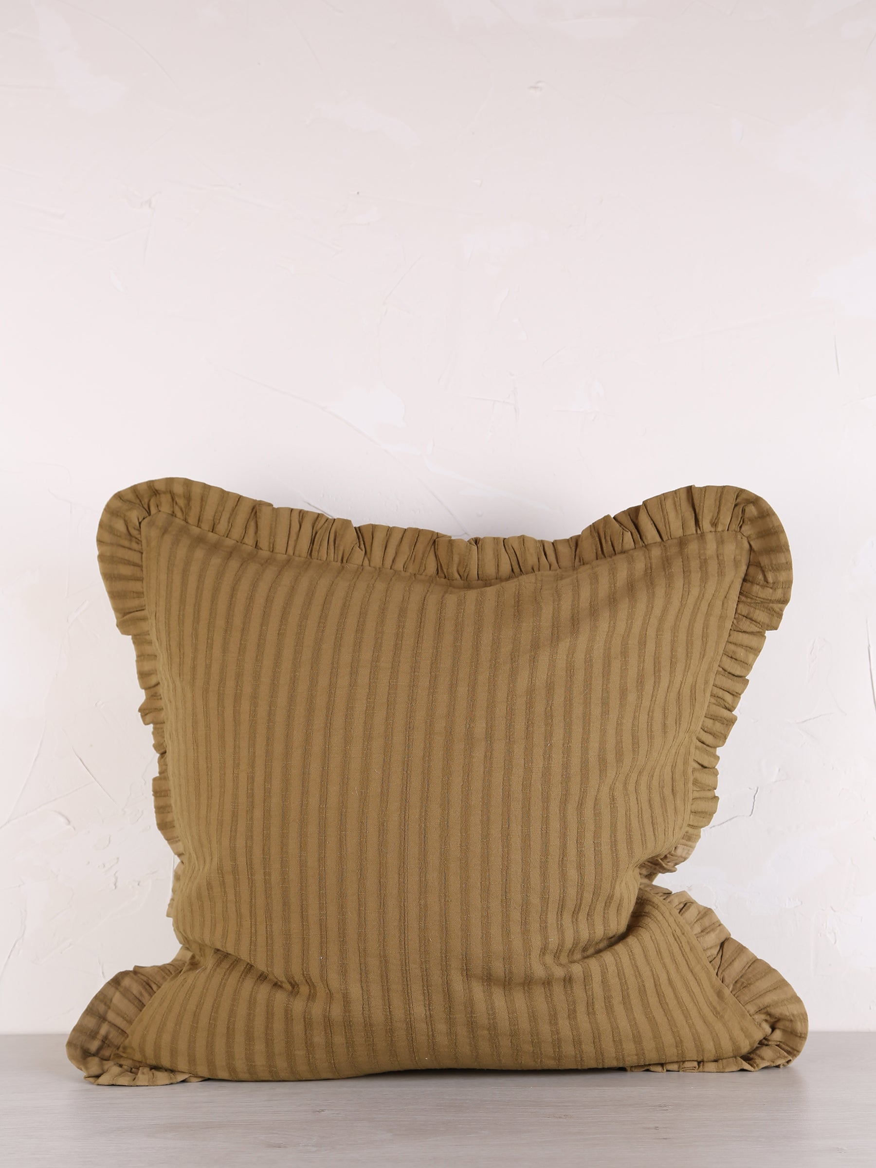 Rubie Ruffled Stripe Cotton Cushion - Tapenade