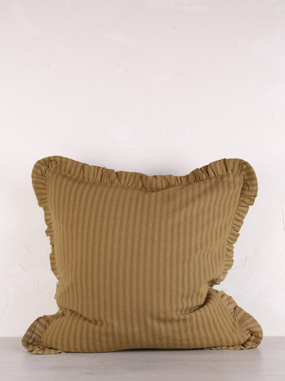 Rubie Ruffled Stripe Cotton Cushion - Tapenade
