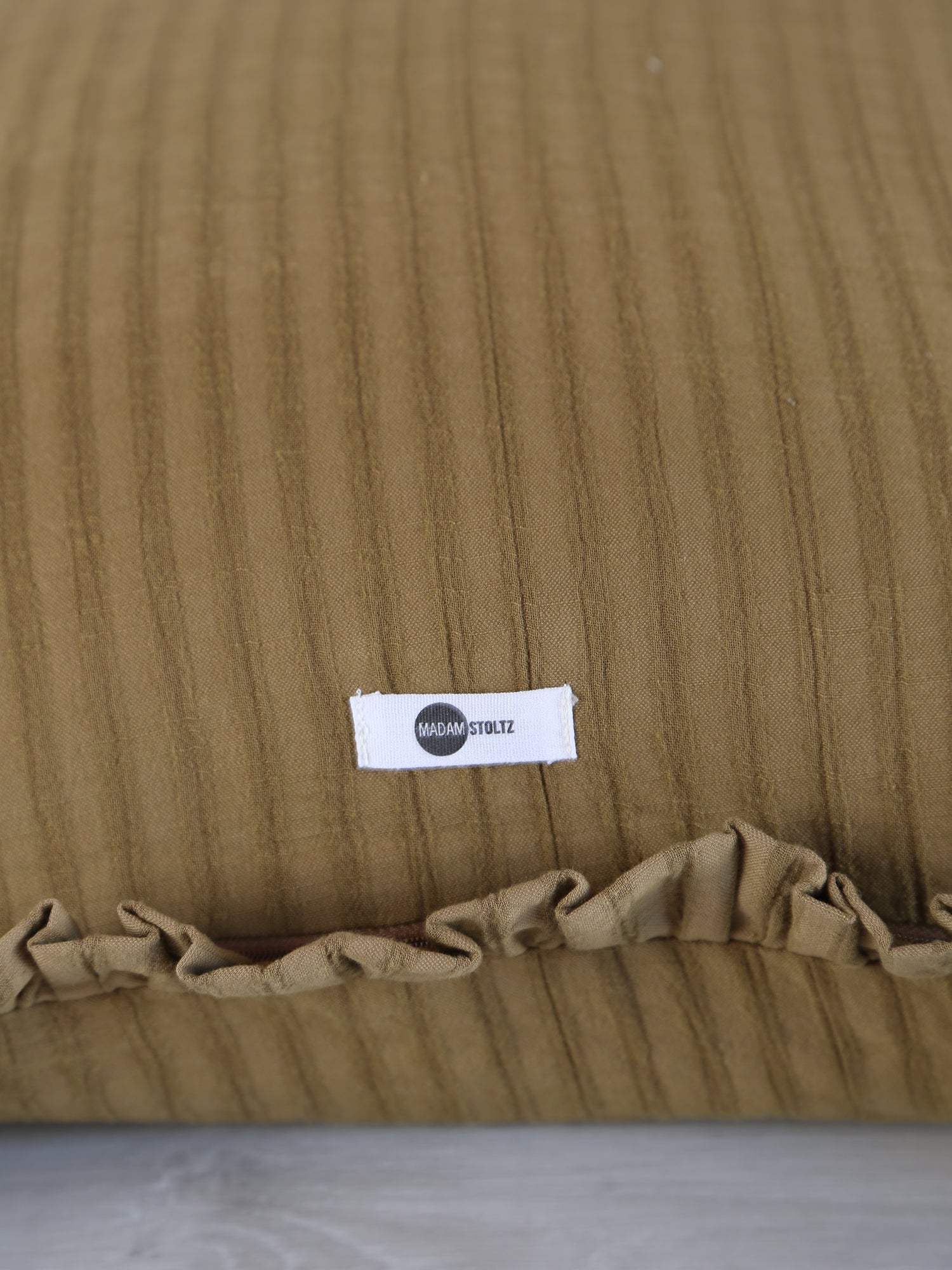 Rubie Ruffled Stripe Cotton Cushion - Tapenade