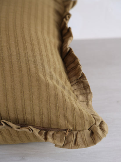 Rubie Ruffled Stripe Cotton Cushion - Tapenade