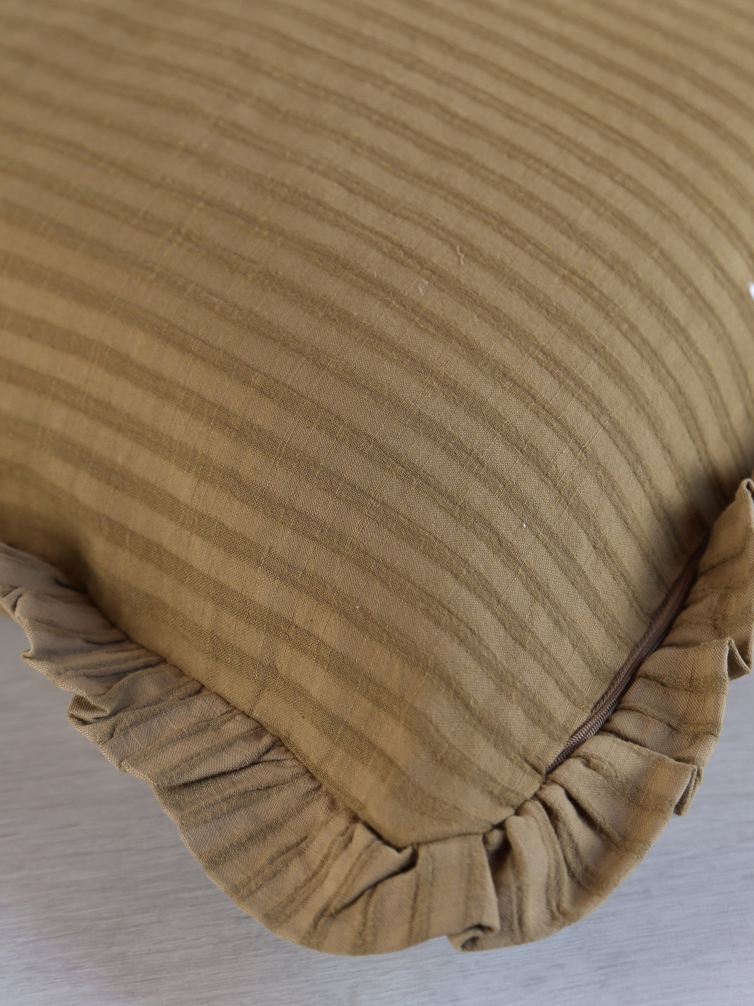 Rubie Ruffled Stripe Cotton Cushion - Tapenade