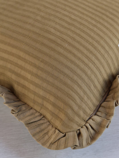 Rubie Ruffled Stripe Cotton Cushion - Tapenade