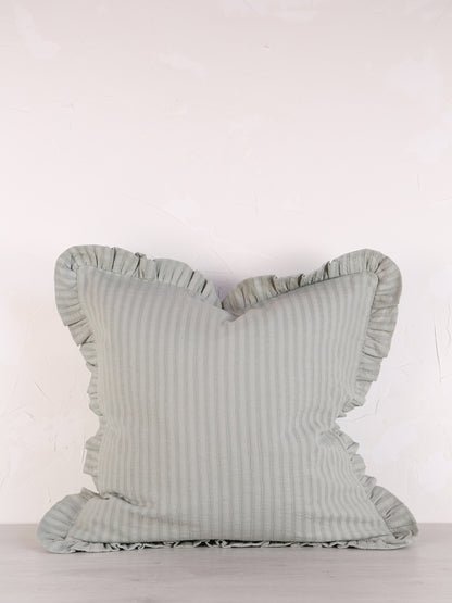 Rubie Ruffled Stripe Cotton Cushion - Silver Green
