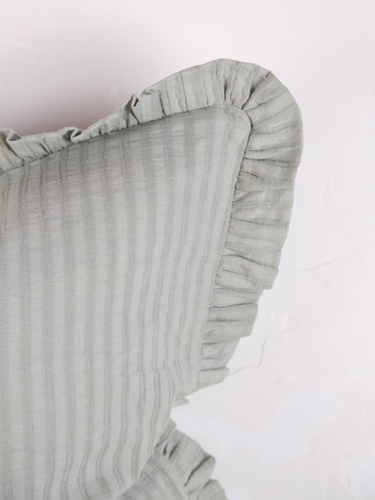 Rubie Ruffled Stripe Cotton Cushion - Silver Green