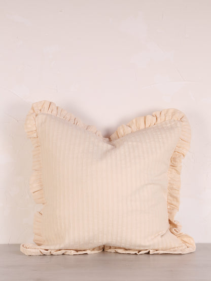Rubie Ruffled Stripe Cotton Cushion - Eggnog