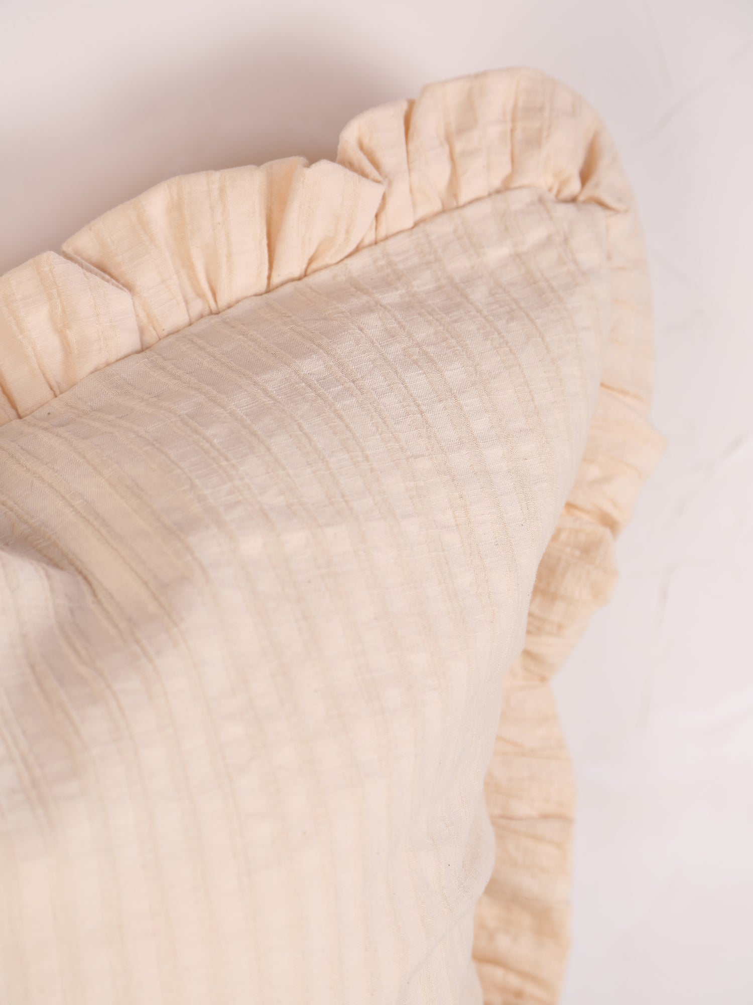 Rubie Ruffled Stripe Cotton Cushion - Eggnog