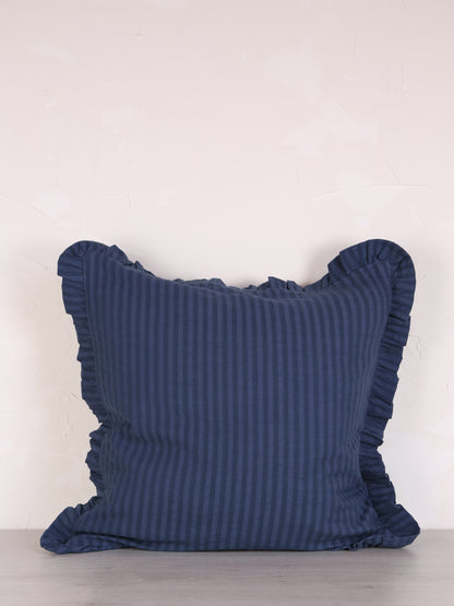 Rubie Ruffled Stripe Cotton Cushion - Dark Blue