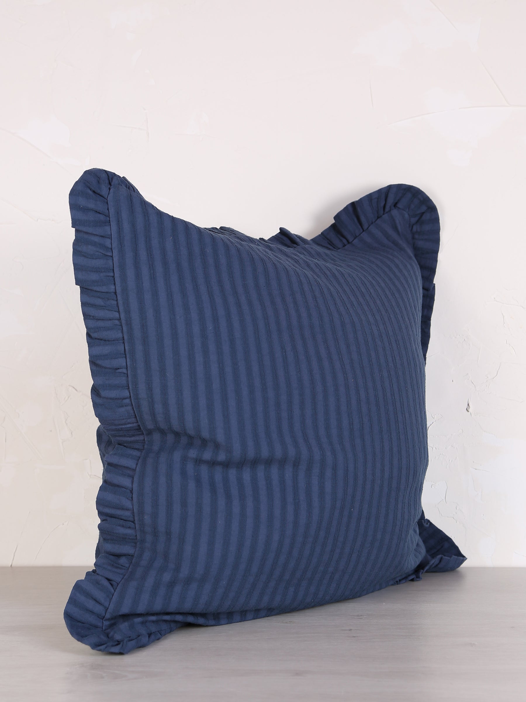 Rubie Ruffled Stripe Cotton Cushion - Dark Blue