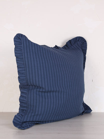 Rubie Ruffled Stripe Cotton Cushion - Dark Blue