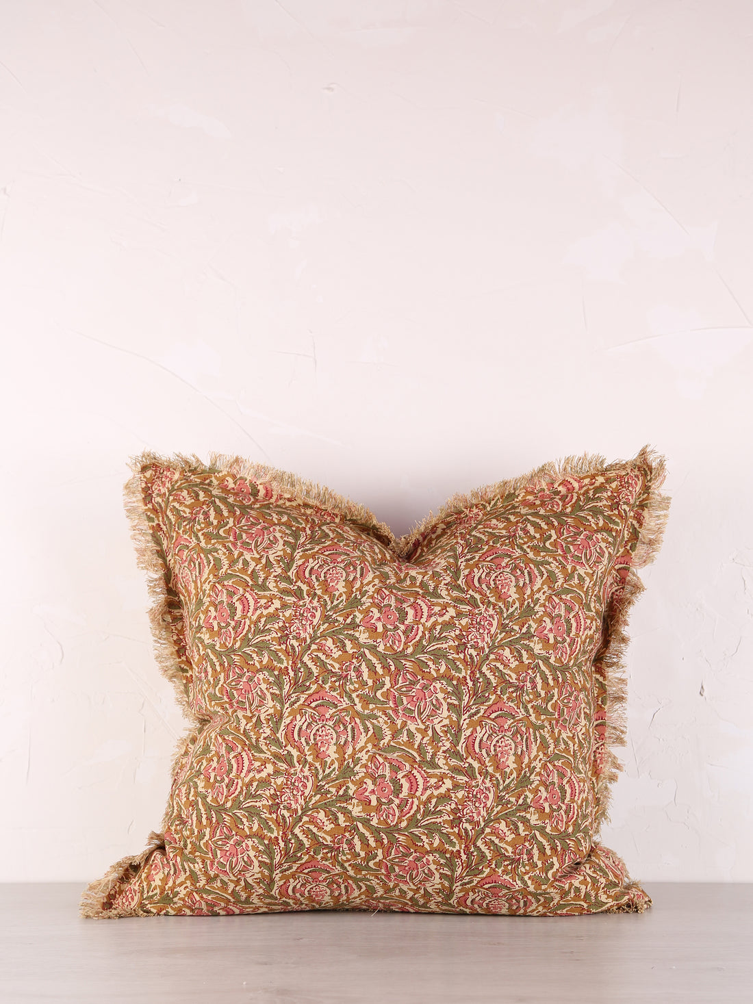 Paisley Printed Cushion with Fringe - Honey, Rose, Green &amp; Off White