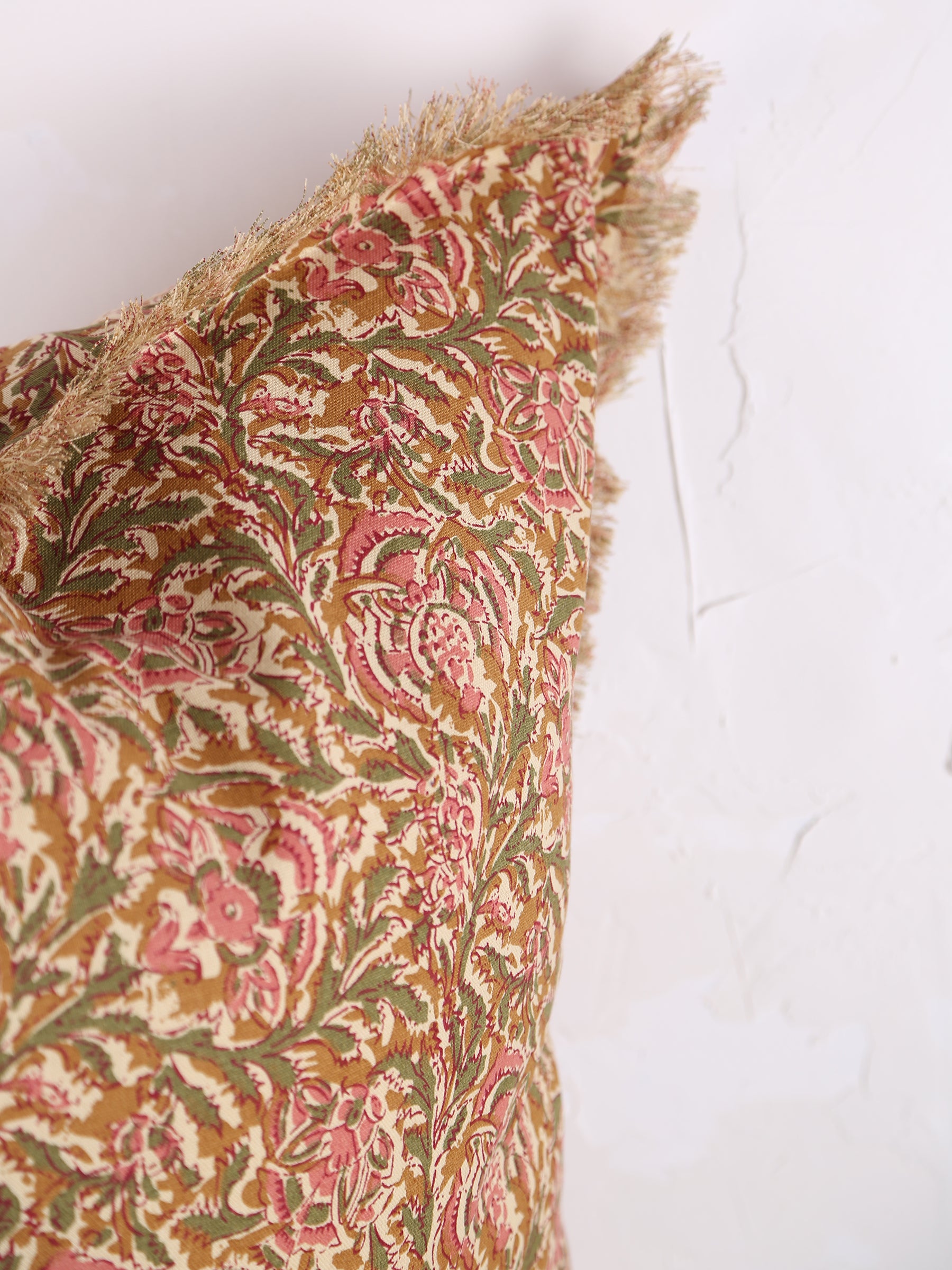 Paisley Printed Cushion with Fringe - Honey, Rose, Green &amp; Off White