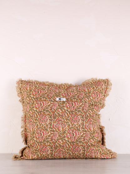 Paisley Printed Cushion with Fringe - Honey, Rose, Green &amp; Off White