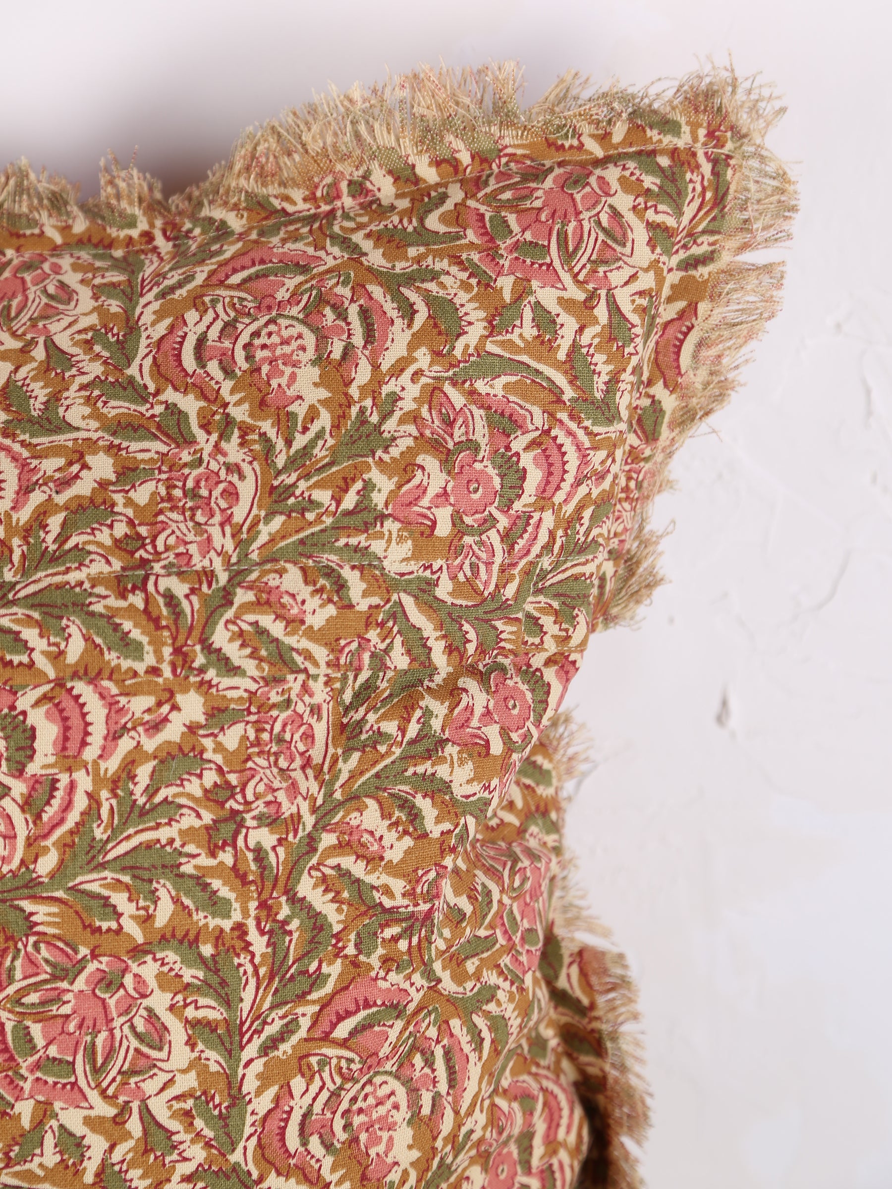 Paisley Printed Cushion with Fringe - Honey, Rose, Green &amp; Off White