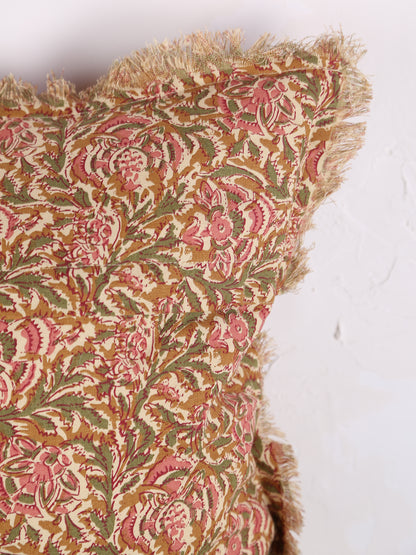 Paisley Printed Cushion with Fringe - Honey, Rose, Green &amp; Off White