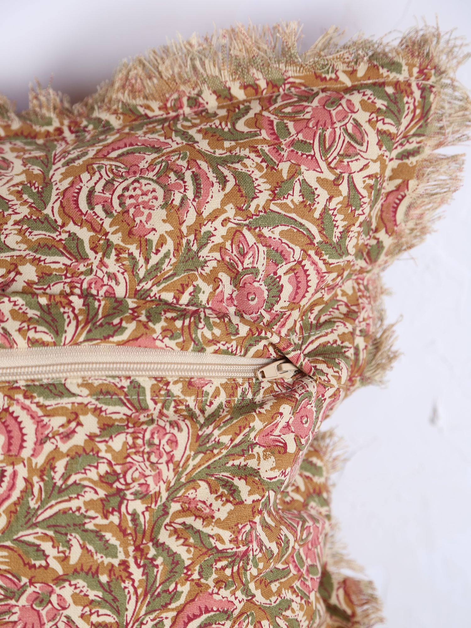Paisley Printed Cushion with Fringe - Honey, Rose, Green &amp; Off White