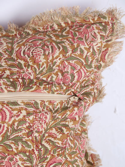 Paisley Printed Cushion with Fringe - Honey, Rose, Green &amp; Off White