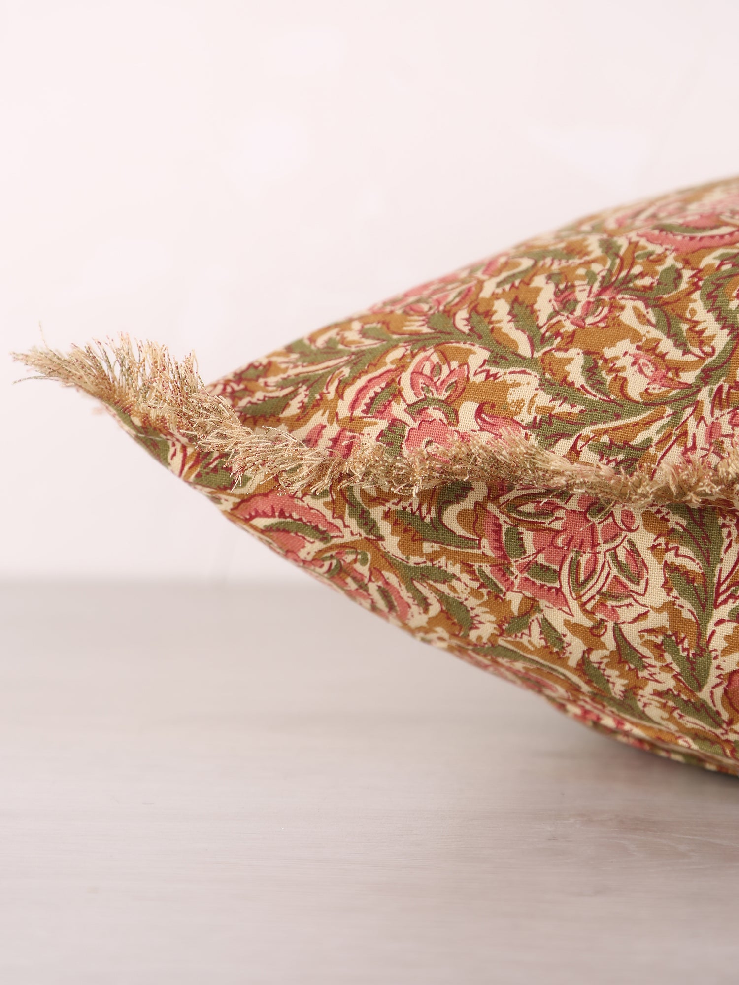 Paisley Printed Cushion with Fringe - Honey, Rose, Green &amp; Off White