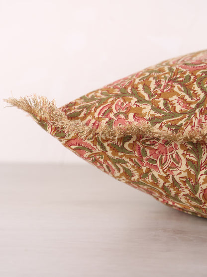 Paisley Printed Cushion with Fringe - Honey, Rose, Green &amp; Off White