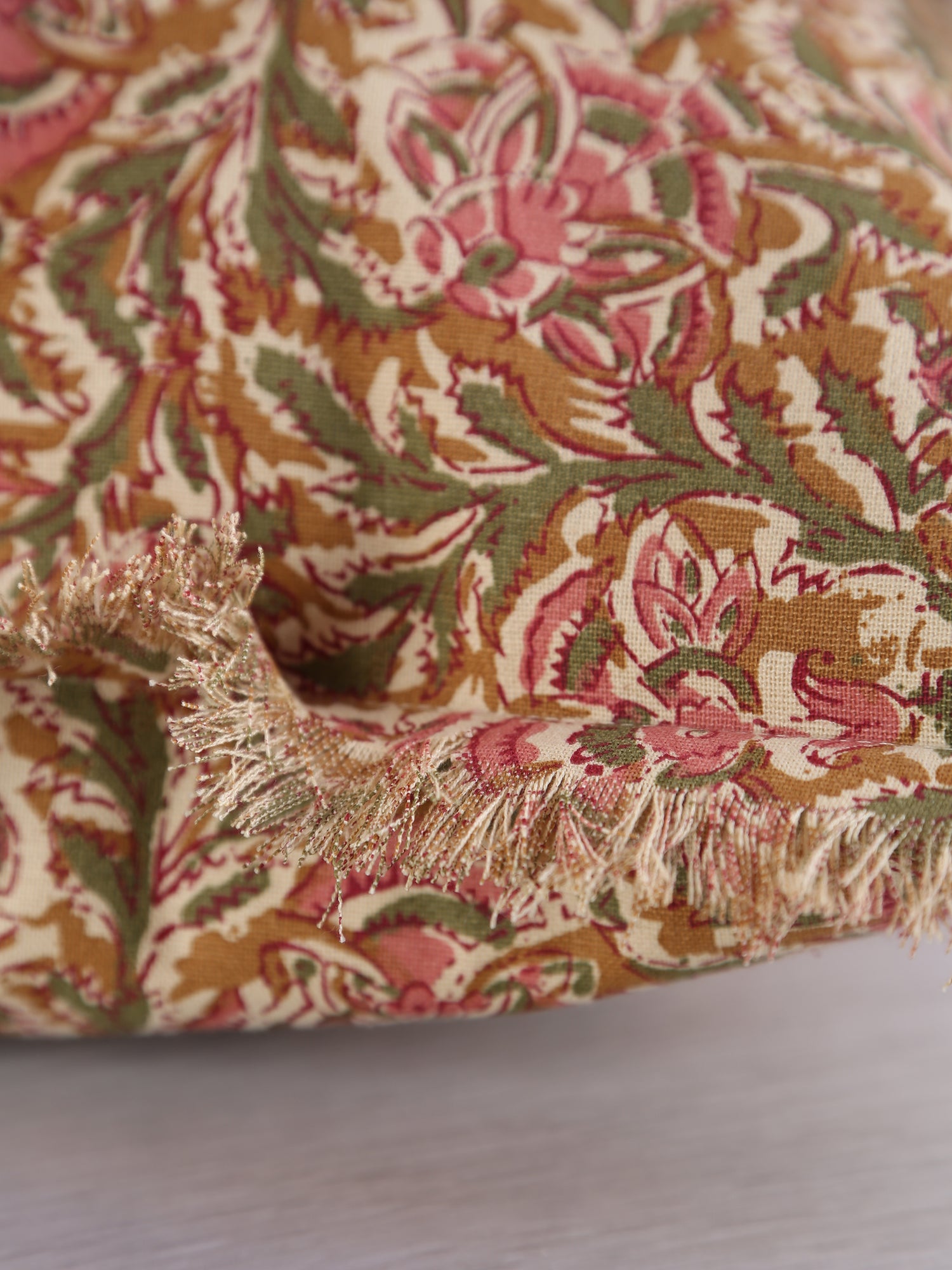 Paisley Printed Cushion with Fringe - Honey, Rose, Green &amp; Off White
