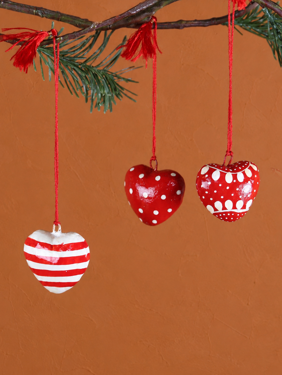 Handmade Paper Mache Christmas Hearts - Set Of 3