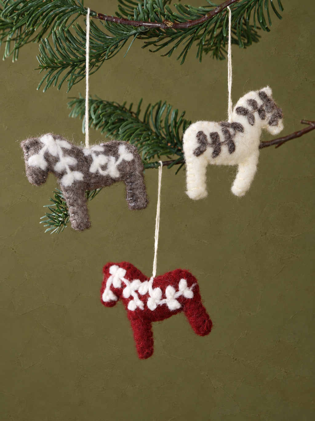 Folk Dala Horses - Set of 3 - Handcrafted Felt Hanging Decorations