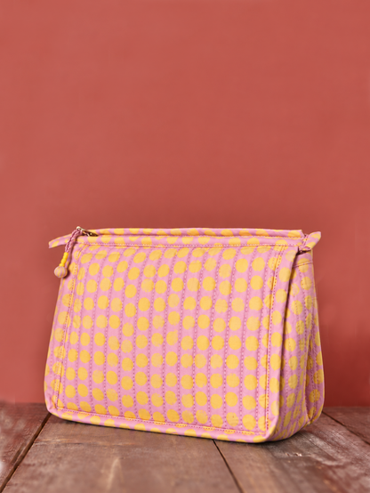 Dotted Quilted Cotton Washbag - Pink, Yellow