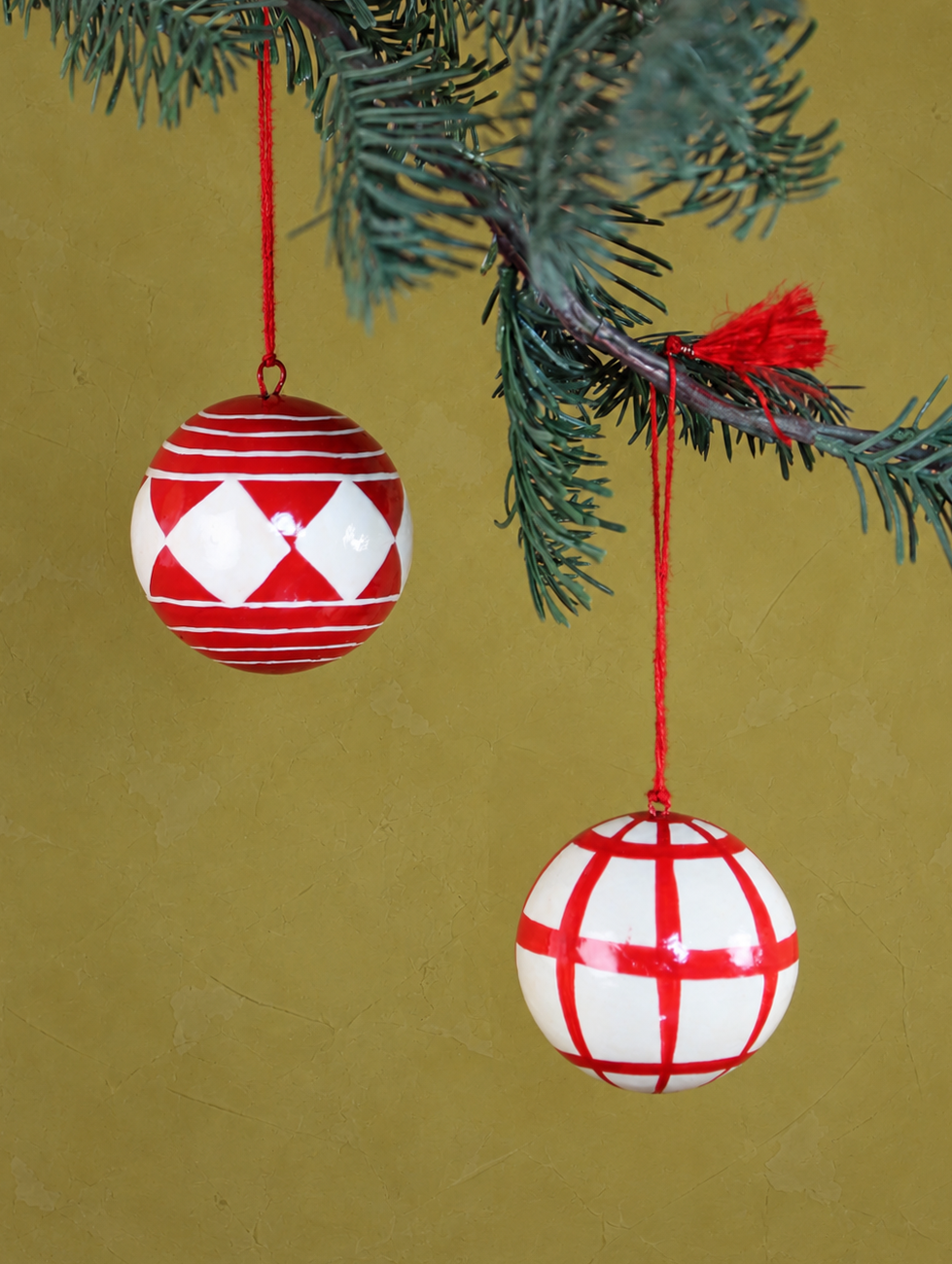 Handmade Paper Mache Christmas Baubles - Set Of 2